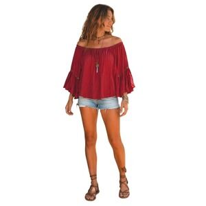 Red Flare Sleeve Boho Peasant Top OS Off Shoulder Whimsigoth Indie Festival Chic